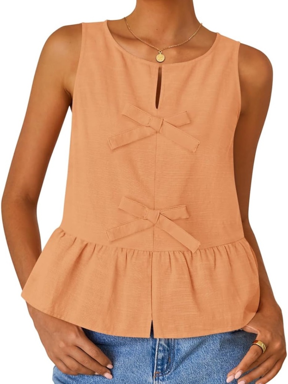 Sleeveless Bow-Front Peplum Tank Top in Peach